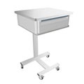 Mobile stainless metal medical over bed table with drawer, 3d illustration