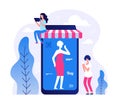 Mobile store app vector illustration. Online shopping concept. Tiny flat woman with smartphone and tablet Royalty Free Stock Photo