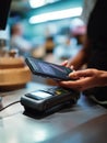 Mobile Tap Payment at an NFC Terminal in a Busy Cafe Setting During Lunchtime Generative AI Royalty Free Stock Photo