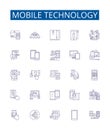 Mobile technology line icons signs set. Design collection of Smartphone, Apps, Network, Wireless, GPS, Bluetooth, LTE