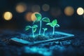 Mobile Technology and Nature: Growing Plants Emerging from Smartphone. Royalty Free Stock Photo