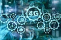 Mobile telecommunication cellular high speed data connection concept: 4G LTE. On server room background. Royalty Free Stock Photo