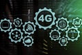 Mobile telecommunication cellular high speed data connection concept: 4G LTE. On server room background. Royalty Free Stock Photo