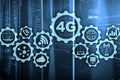 Mobile telecommunication cellular high speed data connection concept: 4G LTE. On server room background Royalty Free Stock Photo