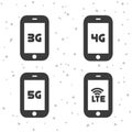 Mobile telecommunications icons. 3G, 4G, 5G and LTE symbols.