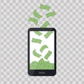 Mobile telephone with money pile on transparent background. Cash banknotes heap, falling dollars. Commercial banking Royalty Free Stock Photo