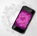 Mobile telephone with Zen-doodle Heart frame in lilac pink