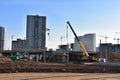 Mobile telescopic boom crane on bridge construction. Truck Crane work on building bridges. Road work on traffic highway, road Royalty Free Stock Photo