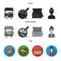 Mobile trailer, cutting board for pizza, boxes, salesman. Pizza and pizzeria set collection icons in black, flat