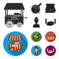 Mobile trailer, cutting board for pizza, boxes, salesman. Pizza and pizzeria set collection icons in black, flat style