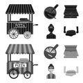 Mobile trailer, cutting board for pizza, boxes, salesman. Pizza and pizzeria set collection icons in black,monochrom