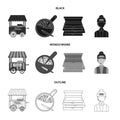 Mobile trailer, cutting board for pizza, boxes, salesman. Pizza and pizzeria set collection icons in black,monochrome