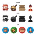 Mobile trailer, cutting board for pizza, boxes, salesman. Pizza and pizzeria set collection icons in cartoon,black,flat