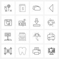 Mobile UI Line Icon Set of 16 Modern Pictograms of back, arrow, financial, cloudy, weather