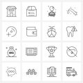 Mobile UI Line Icon Set of 16 Modern Pictograms of down, pointer, shipment, direction, gears