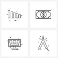 Mobile UI Line Icon Set of 4 Modern Pictograms of graph, computer, signals, currency, compass