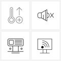 Mobile UI Line Icon Set of 4 Modern Pictograms of heating; banner; up; no speaker; mock