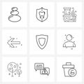 Mobile UI Line Icon Set of 9 Modern Pictograms of shield, arrow, secure, pointer, arrow