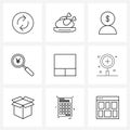 Mobile UI Line Icon Set of 9 Modern Pictograms of stacked, grid, businessman, magnifying glass, money