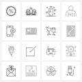 Mobile UI Line Icon Set of 16 Modern Pictograms of mobile, state, party, prisoner, valentine