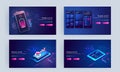 Mobile UI/UX concept based landing page set with smartphone and infographic elements on blue background Royalty Free Stock Photo