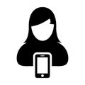 Mobile user icon vector female person profile avatar with smartphone