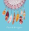 Vector boho illustration. Dreamcatcher with ethnic feathers. Ethnic card design