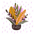 Motivational card with potted flower and lettering - No rain no flowers. Cute hand drawn poster. Positive thinking