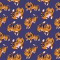 Vector seamless pattern with cute tigers on the dark violet background. Circus animal show. Fashionable fabric design