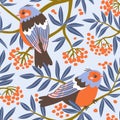 Vector seamless pattern with robin birds on the branches of elder. Cute animal fabric design for kids fabric or wallpaper Royalty Free Stock Photo