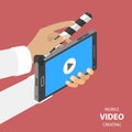 Mobile video creating flat isometric vector. Royalty Free Stock Photo