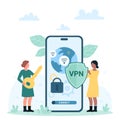 Mobile VPN service, data protection, tiny people holding key to lock on screen and shield Royalty Free Stock Photo