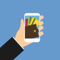 Mobile wallet with cards, Hand hold smartphone 1 Royalty Free Stock Photo