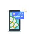 Mobile wallet concept. Internet banking. Flat design of online payments via credit card with nfc technology. Royalty Free Stock Photo