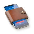Mobile wallet concept. Smartphone for payment in lether purse