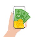 Mobile wallet. Internet banking app. Web design, mobile app. Hand holding smartphone. Phone icon vector. Smartphone Royalty Free Stock Photo