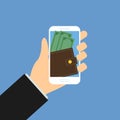 Mobile wallet with money, Hand hold smartphone 1 Royalty Free Stock Photo