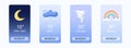 Mobile weather app interface design. Elements for weather forecast mobile app. Clear night, rainy, Hurricane and rainbow. Vector Royalty Free Stock Photo