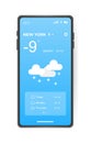 Mobile weather app interface design. GUI elements for weather forecast mobile app. Realistic phone. Temperature, weather condition Royalty Free Stock Photo