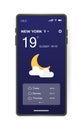 Mobile weather app interface design. GUI elements for weather forecast mobile app. Realistic phone. Temperature, weather condition Royalty Free Stock Photo