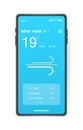 Mobile weather app interface design. GUI elements for weather forecast mobile app. Realistic phone. Temperature, weather condition Royalty Free Stock Photo