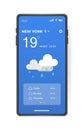 Mobile weather app interface design. GUI elements for weather forecast mobile app. Realistic phone. Temperature, weather condition Royalty Free Stock Photo