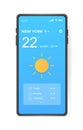 Mobile weather app interface design. GUI elements for weather forecast mobile app. Realistic phone. Temperature, weather condition Royalty Free Stock Photo