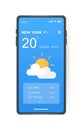 Mobile weather app interface design. GUI elements for weather forecast mobile app. Realistic phone. Temperature, weather condition Royalty Free Stock Photo
