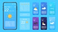 Mobile weather app interface design. GUI elements for weather forecast mobile app. Realistic phone. Temperature, weather condition Royalty Free Stock Photo