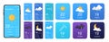 Mobile weather app interface design. GUI elements for weather forecast mobile app. Realistic phone. Temperature, weather condition Royalty Free Stock Photo