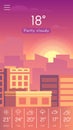 Mobile weather application displaying a partly cloudy sunset over a city skyline, with a weekly forecast showing varying