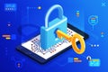 Mobile web security smartphone access isometric 3d key technology digital lock internet cyber protection icon vector