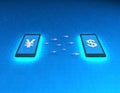 Mobile wireless payment and transaction, financial and economic transfer, USD and RMB Royalty Free Stock Photo