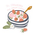 Yogurt cream with fresh strawberry in a saucer. Vector food illustration in hand-drawn style Royalty Free Stock Photo